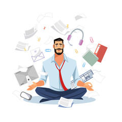 Fototapeta na wymiar Businessman Meditating in Work Chaos Flat Vector