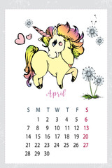 Calendar 2019 with cute unicorn,hand drawn magic horse