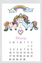 Calendar 2019 with cute unicorn,hand drawn magic horse