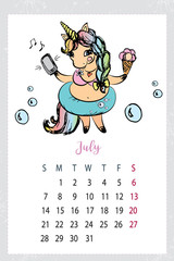 Calendar 2019 with cute unicorn,hand drawn magic horse