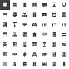 Household furniture vector icons set, modern solid symbol collection, filled style pictogram pack. Signs, logo illustration. Set includes icons as Window, Door, Radiator, Table, Sink, Closet, Drawer
