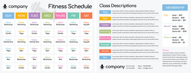 Daily and Weekly Schedule for Classes at a Fitness Club Gym / Setup for a Double-Sided Letter Size Paper at 8.5 x 11"