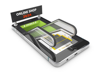 3d Illustration of smartphone with escalator on the screen, Shopping Online Concept