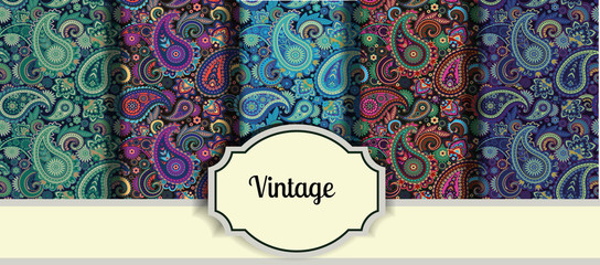 Set of seamless patterns in vintage paisley style.