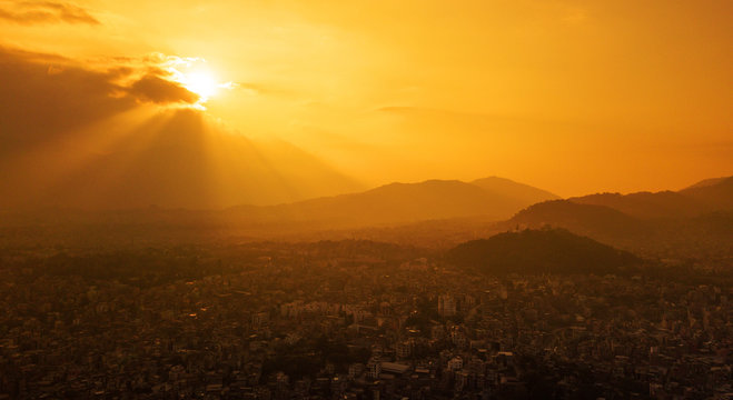 The yellow sunset sky above the city of Kathmandu,Nepal