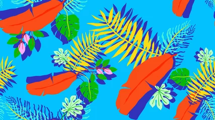 Zelfklevend Fotobehang Botanical seamless pattern, hand drawn tropical plants on blue background, colorful vibrant tones © momosama