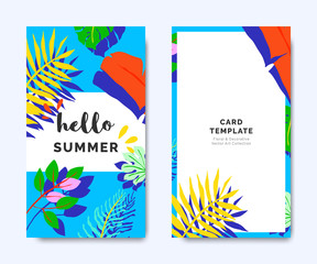 Hello summer invitation card template design, tropical plants on blue background, colorful vibrant tones
