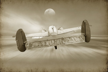 vintage propeller airplane with motion blur background, sepia color style