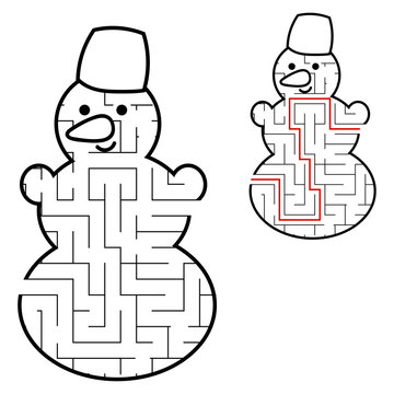 Labyrinth cute snowman. Game for kids. Puzzle for children. Cartoon style. Maze conundrum. Black white vector illustration. With the answer.