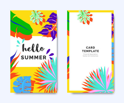 Hello summer invitation card template design, tropical plants on yellow background, colorful vibrant tones