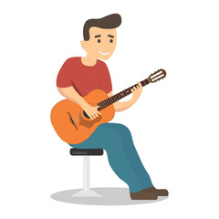 A man plays the guitar. A man sits on a chair and plays the guitar. Vector illustration.