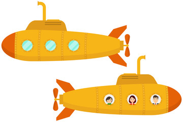 Yellow submarine. Two cartoon yellow submarines. Flat design, vector.