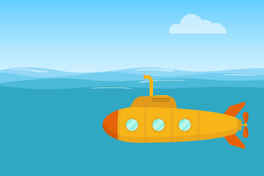 Yellow submarine. Yellow submarine swims in the waters of the ocean. Flat design, vector.