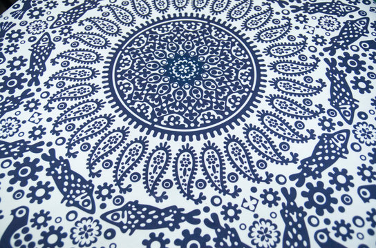 Traditional Georgian crafts textile lurji supra - blue and white tablecloth