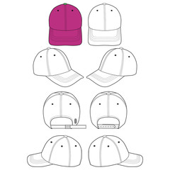 Baseball cap set Fashion flat technical drawing vector template 