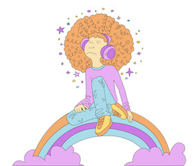 Vector Illustration of Young redhead Girl with Headphones, sitting on colored cartoon rainbow and listening music. Teenage young musical girl in bright colors, rebel girl illustration. Young teen girl