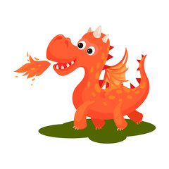 Adorable red dragon breathing with fire. Cute creature with wings and long tail. Fantastic animal. Flat vector design