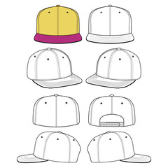Snapback cap set Fashion flat technical drawing vector template 
