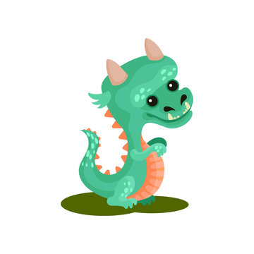 Turquoise baby dragon with funny muzzle. Cute fairytale animal with small horns and long tail. Flat vector icon
