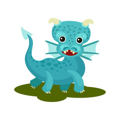 Flat vector icon of blue baby dragon with small wings, horns and long tail. Mythical creature with cute muzzle