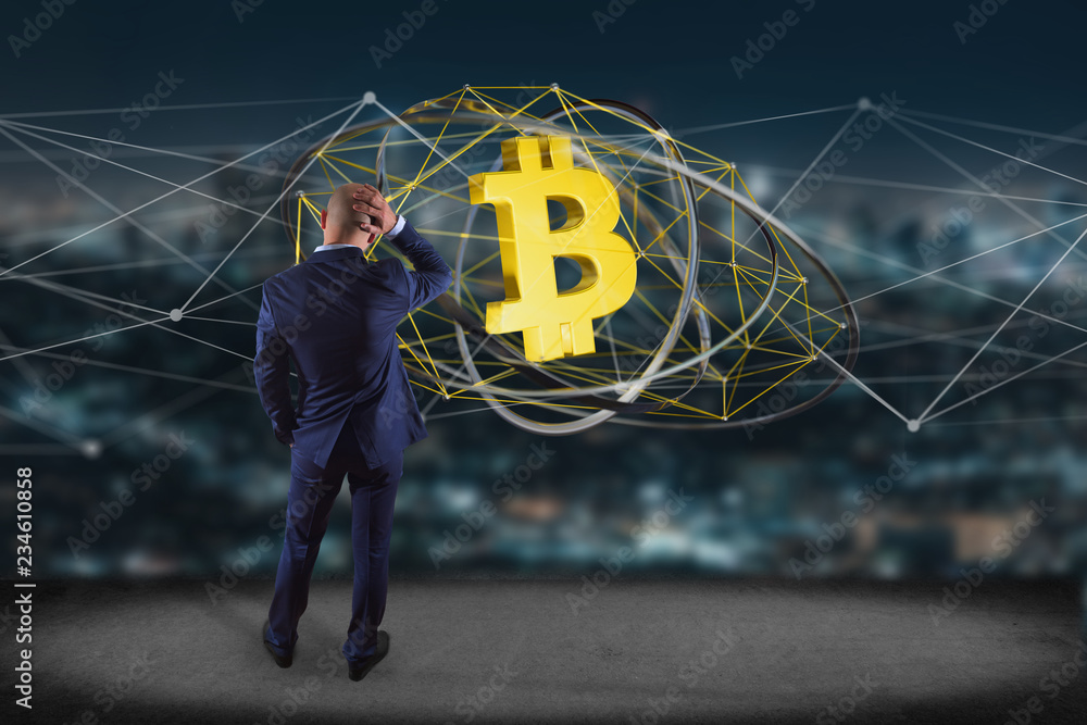 Aufkleber businessman in front of a wall with a bitcoin crypto currency sign flying around a network connectio