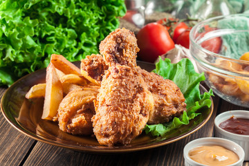 Crispy fried kentucky chicken legs with french fries