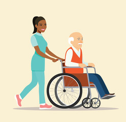 Fototapeta premium Nurse strolling with elder grey haired man in wheelchair. Vector flat style illustration