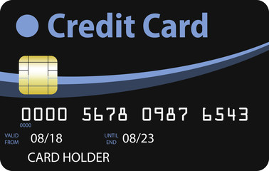 Black credit card with blue and sky blue curves. Valid until 2023