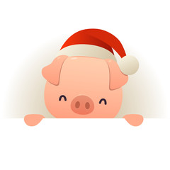 Happy funny pig in Santa hat behind blank signboard cartoon character