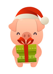 Happy cute cartoon pig with gift present