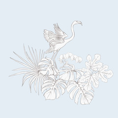 A composition of tropical plants, palm leaves