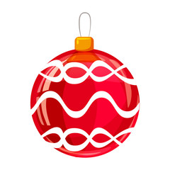 Colour decorated christmas red ball isolated on white background. Vector illustration. Cartoon style