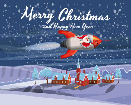 Santa Claus on a rocket flies in space around the Earth little rural town, Merry Christmas and Happy New Year. Winter, stars, vector, illustration, greeting, banner, poster, isolated