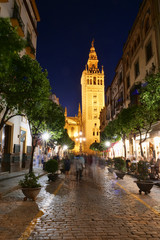 Fototapeta na wymiar Seville church bell tower and street on a summer night