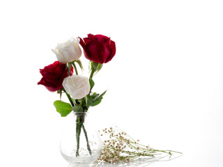 Red and white rose bouquet in Glass Vase