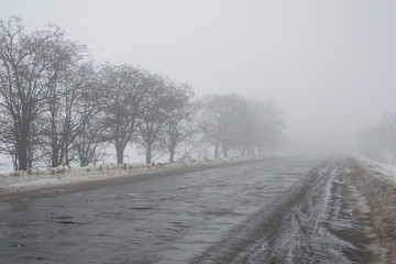 Empty winter road in the fog. Dirty snow and trees is on the roadside. Winter dangerous weather on the road. Poor visibility during thaw.