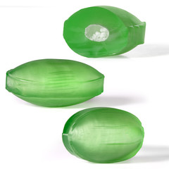 Green fruit caramel with filling, hard sugar candies, boiled sweets