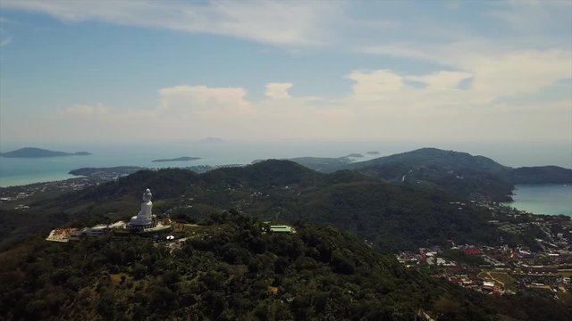 sunny day phuket island famous big buddha monument aerial panorama 4k thailand

