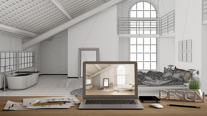 Architect designer desktop concept, laptop on wooden work desk with screen showing interior design project, blueprint draft in the background, loft with bedroom and bathroom