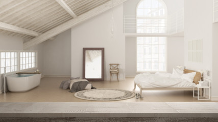 Wooden vintage table top or shelf closeup, zen mood, over scandinavian loft open space with bedroom and bathroom with bathtub, white architecture interior design