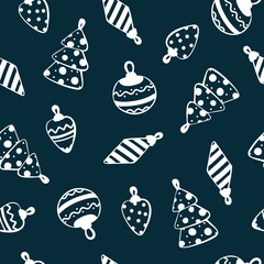 Cute doodles christmas tree toys on dark green background. Vector hand drawn illustration. Christmas toys pattern. Design for printed, fabric, wrapping and cards.