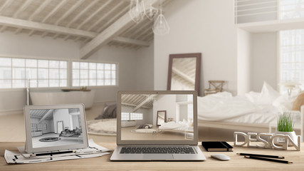 Architect designer desktop concept, laptop and tablet on wooden desk with screen showing interior design project and CAD sketch, blurred draft in the background, loft bedroom bathroom