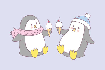 Cartoon cute penguin and ice cream vector.
