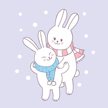 Cartoon cute rabbit mom and baby vector.