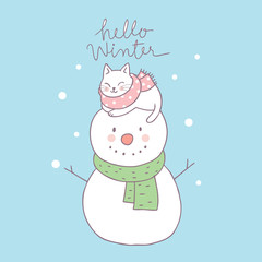 Cartoon cute cat sleeping on snowman vector.