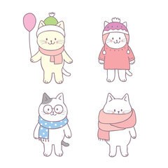 Cartoon cute winter cat set vector.