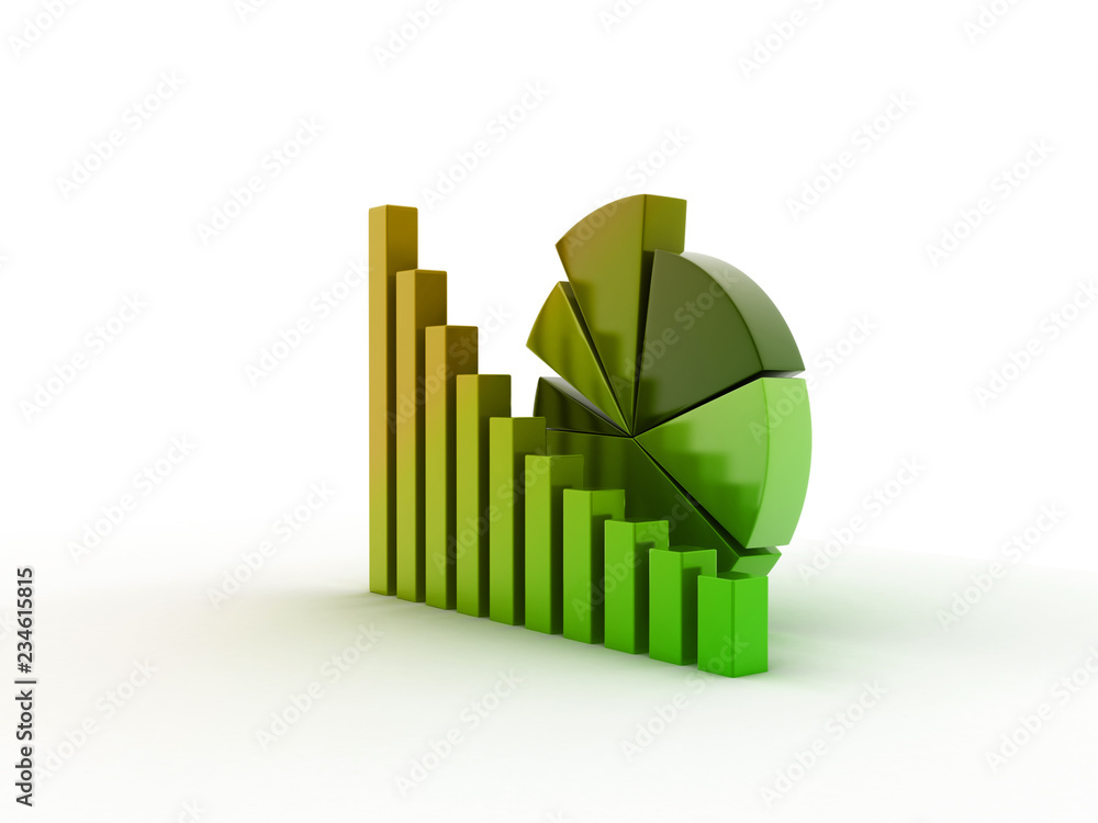 Poster 3d rendered pie chart graph with up arrow isolated on white background