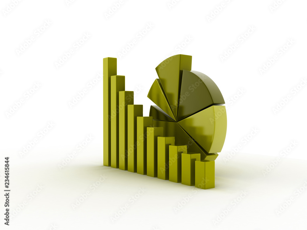 Poster 3d rendered pie chart graph with up arrow isolated on white background