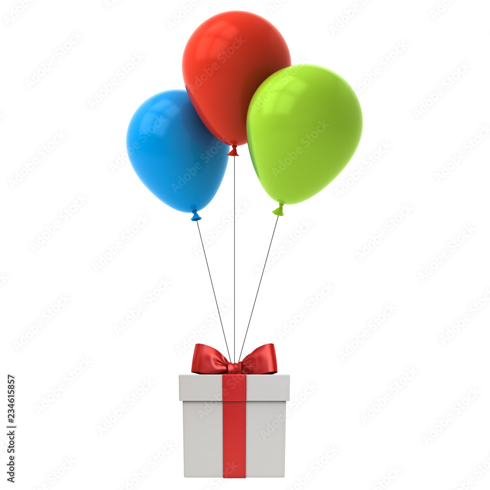 Poster bunch of colorful glossy balloons tied to gift box or present box with red ribbon bow isolated over 