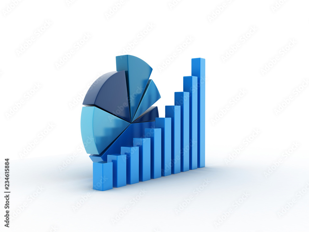 Poster 3d rendered pie chart graph with up arrow isolated on white background